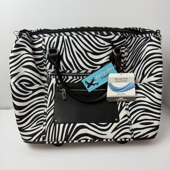 Calpak Zanny 21 Rolling Laptop Tote Zebra Carry On Travel Bag Wheels NWT Wheels - Picture 1 of 8